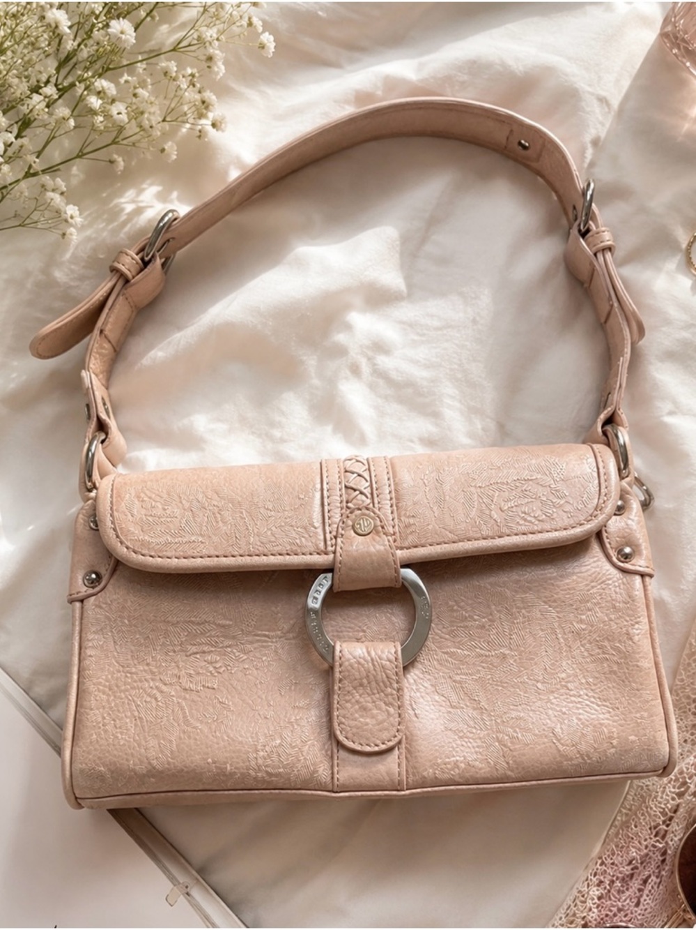 Blush Pink Leather Eileen West Y2K Embossed Floral Shoulder Bag Coquette